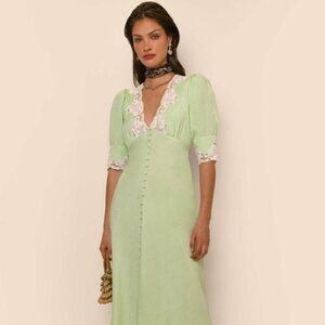 Rixo Simone Dress Midi Green Viscose Lace linen Short Sleeve V neck